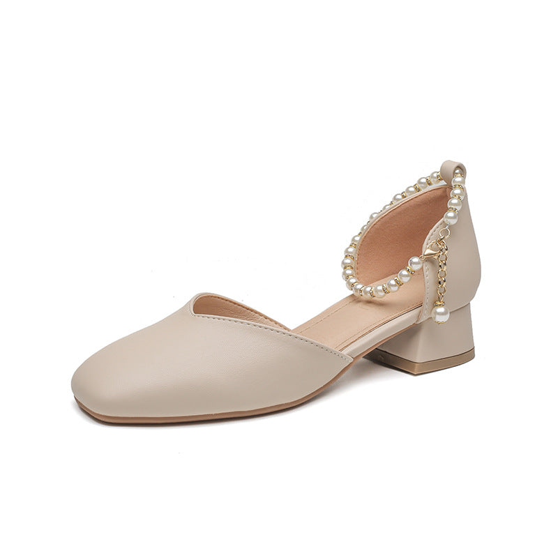 Women's 2024 summer new style all-match fairy style pearl French style mid-heel thick-heeled Mary Jane shoes
