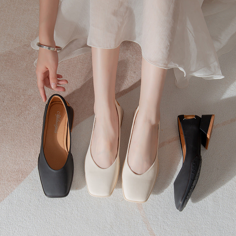 Leather soft-soled scoop shoes casual thick-heeled single Leather soft-soled scoop shoes casual thick-heeled single