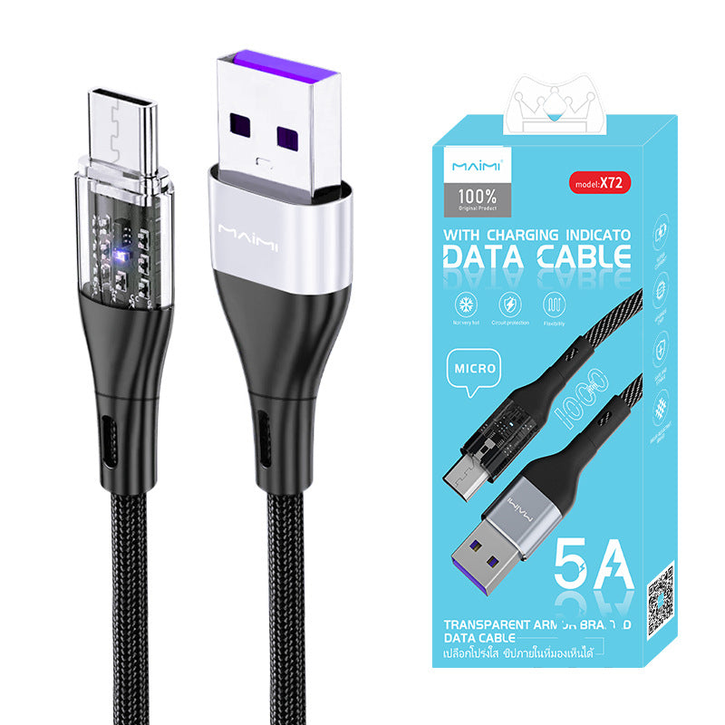 麦靡X72适用iPhone14安卓Type-C透明带灯金属智能编织1米5A快充线