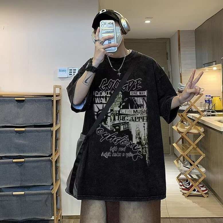 欧美高街复古水洗潮牌复古暗黑hiphop亚比风国潮ins五分短柚T侐男