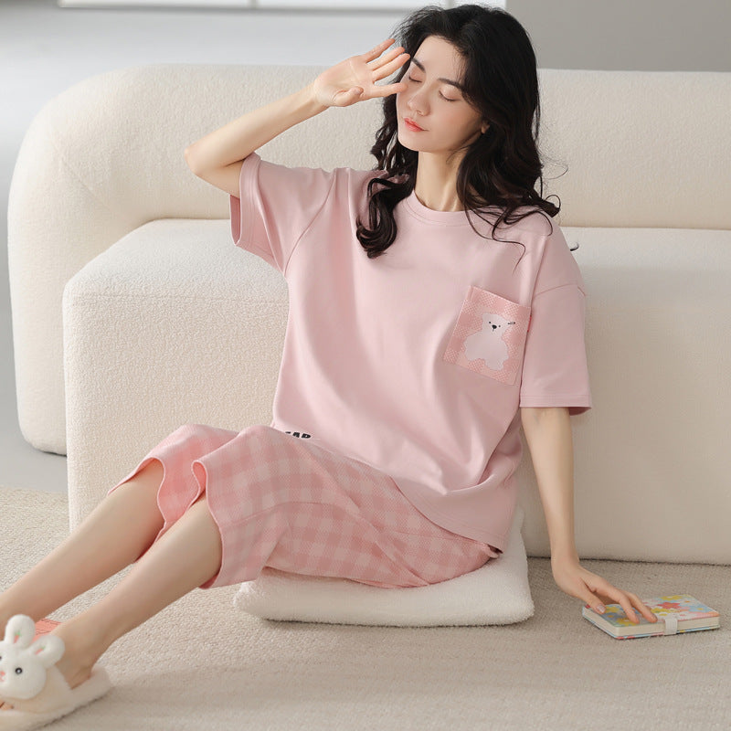 新款纯棉睡衣女夏季短袖七分裤韩版休闲夏天薄款可外穿家居服套装
