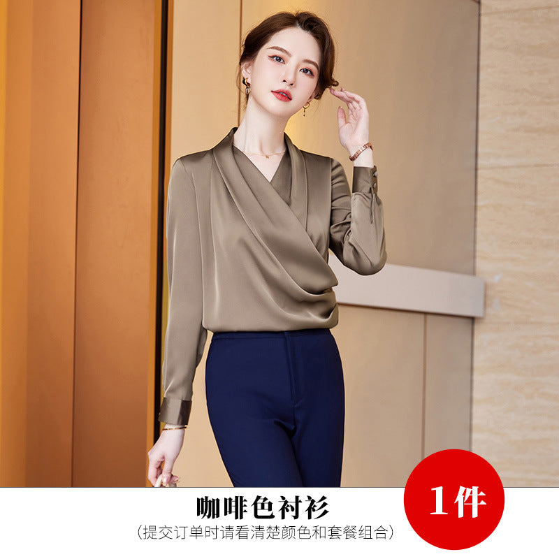 2022秋装新品长袖V领白衬衫女职业装缎面雪纺衫衬衣女上衣打底衫