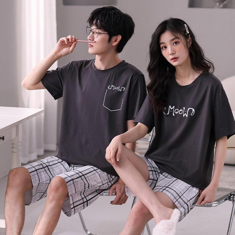 Summer short-sleeved couple pajamas women's simple high-grade cotton pullover shorts men's comfortable and wearable home service suits