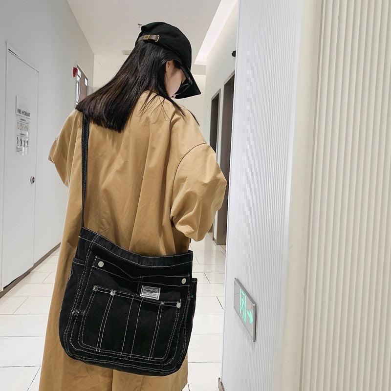 韩版百搭复古牛仔女包中古睿营大容量单肩通勤包学生上课包斜挎包