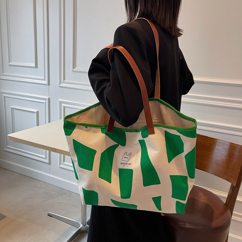 Ruiying's new plaid canvas shoulder bag for women, trendy large-capacity Japanese style literary leisure bag, pure cotton shopping bag