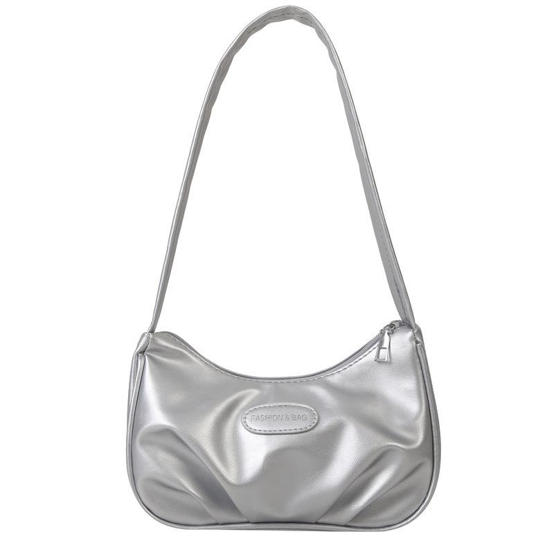 Niche texture silver bag for women 2023 new summer shoulder crossbody bag high-end pleated armpit crescent bag