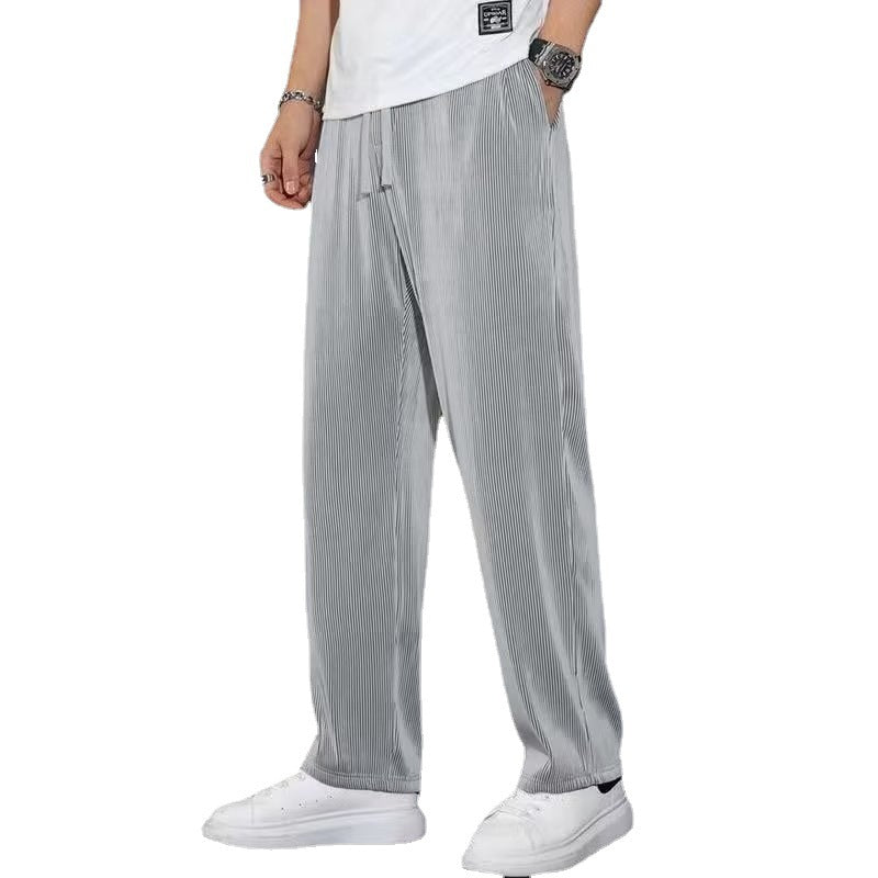 Summer drape ice silk pants men's thin section straight loose casual sports pants striped quick-drying wide-leg trousers men's tide