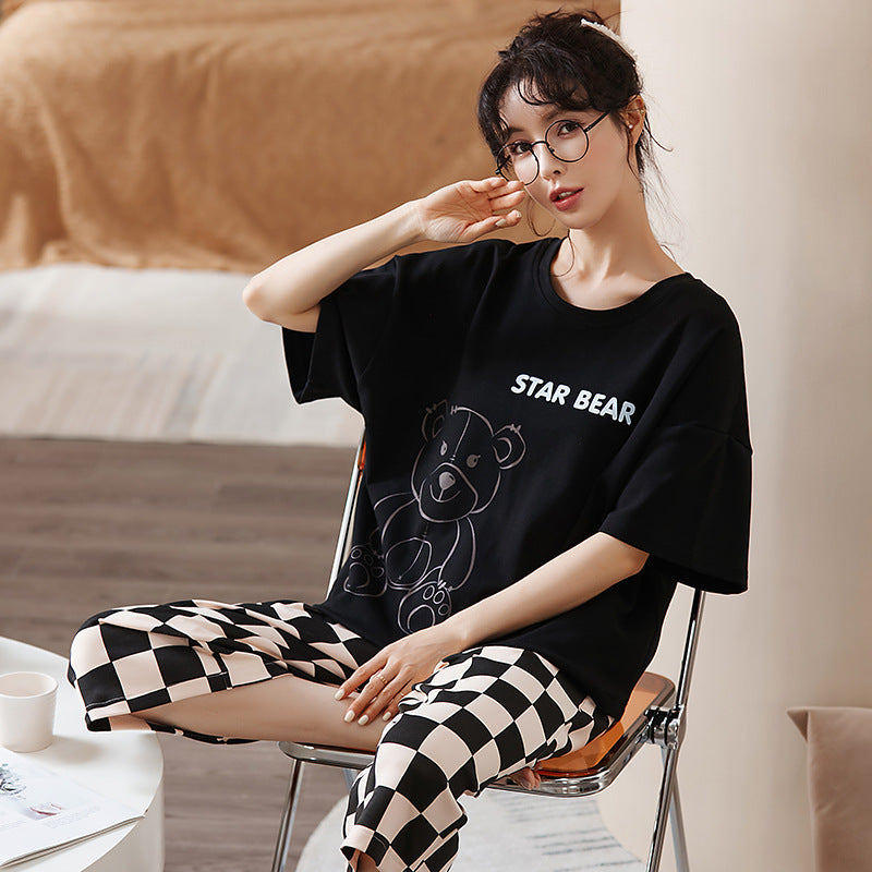 Pajamas women's summer short-sleeved cropped pants dignified and comfortable cotton large size pajamas pullover mother can wear home clothes