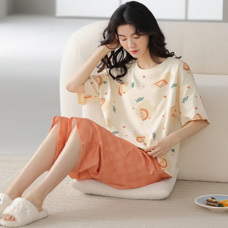 新款纯棉睡衣女夏季短袖七分裤韩版休闲夏天薄款可外穿家居服套装