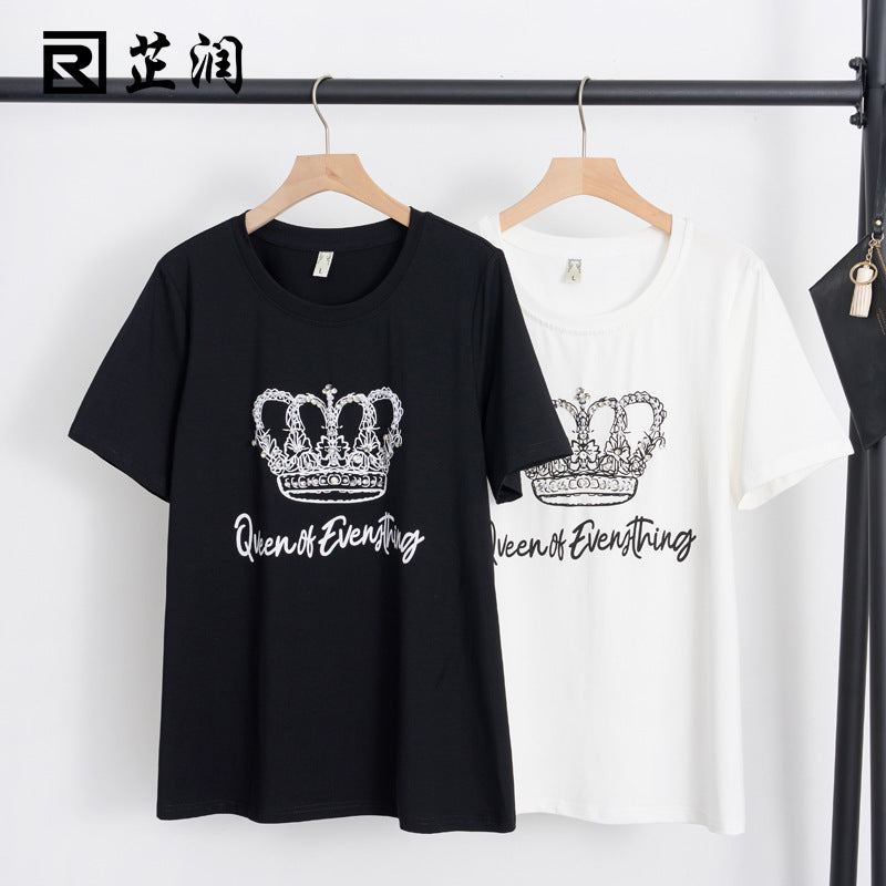 Large size women's summer new loose casual heavy industry ironing diamond printing round neck slightly fat and thin T-shirt top 18125