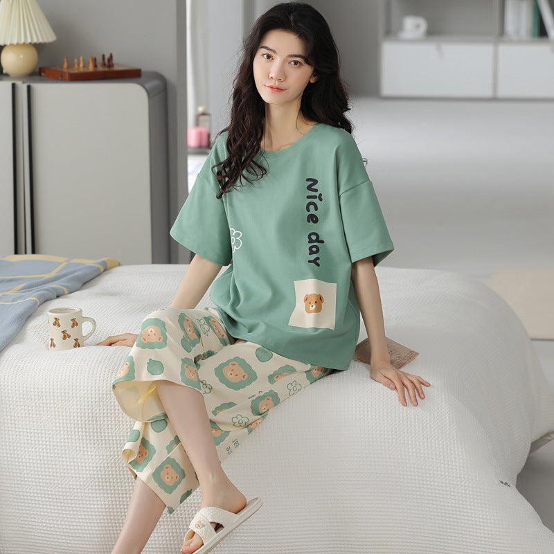 新款纯棉睡衣女夏季短袖七分裤韩版休闲夏天薄款可外穿家居服套装