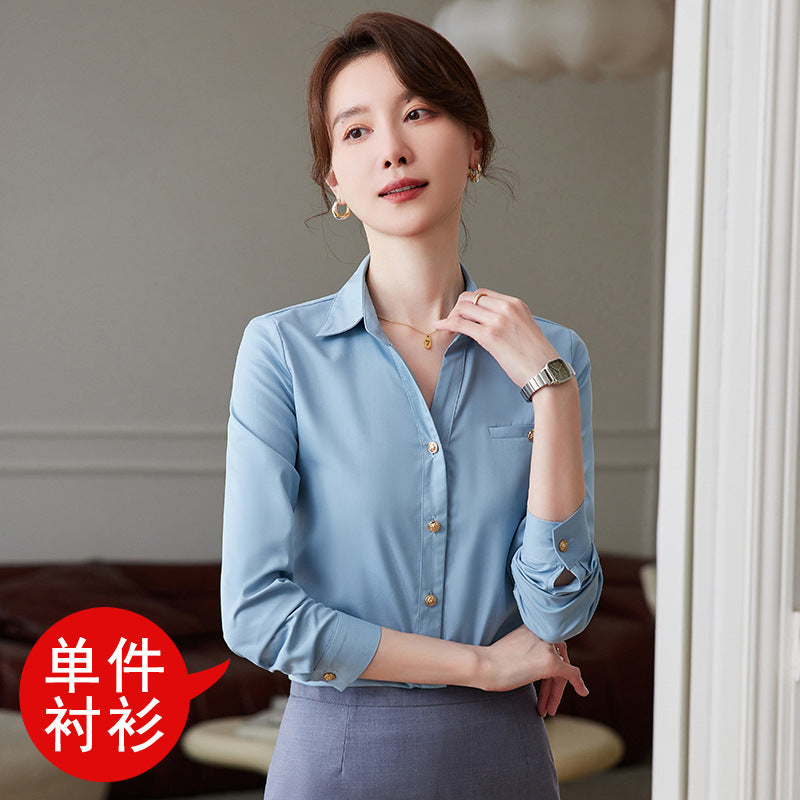 蓝色衬衫女套装春秋季长袖职业正装2023新款白衬衣酒店前台工作装