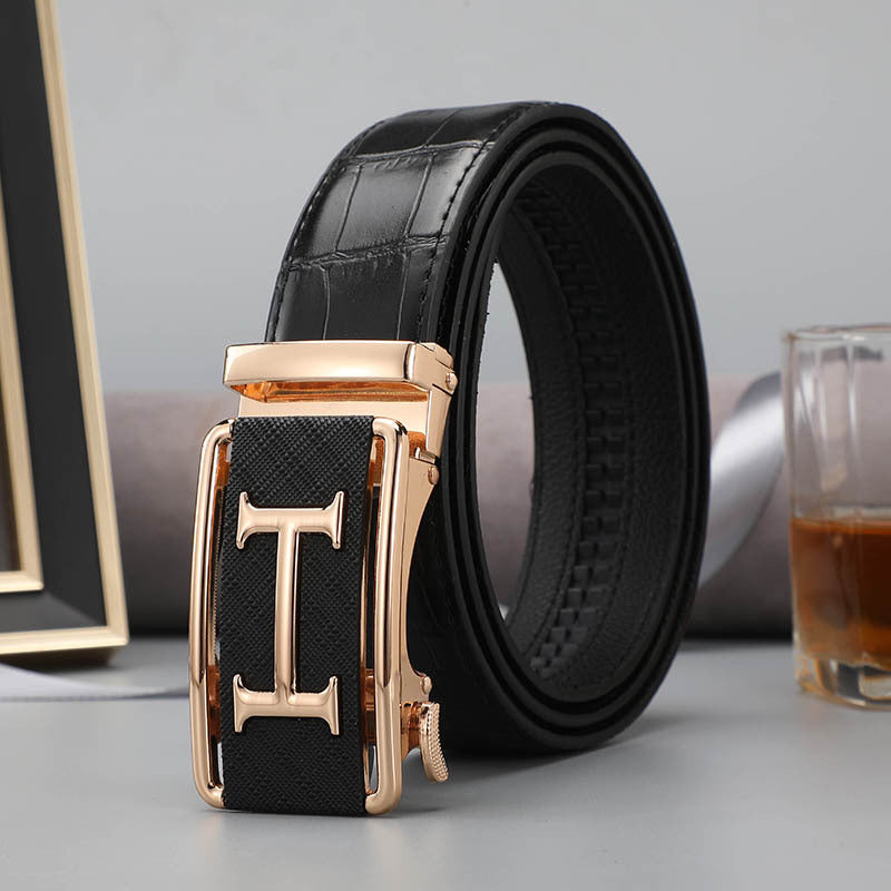 Belt men's genuine leather automatic buckle crocodile pattern business leisure belt men's young and middle-aged trendy trousers spot wholesale