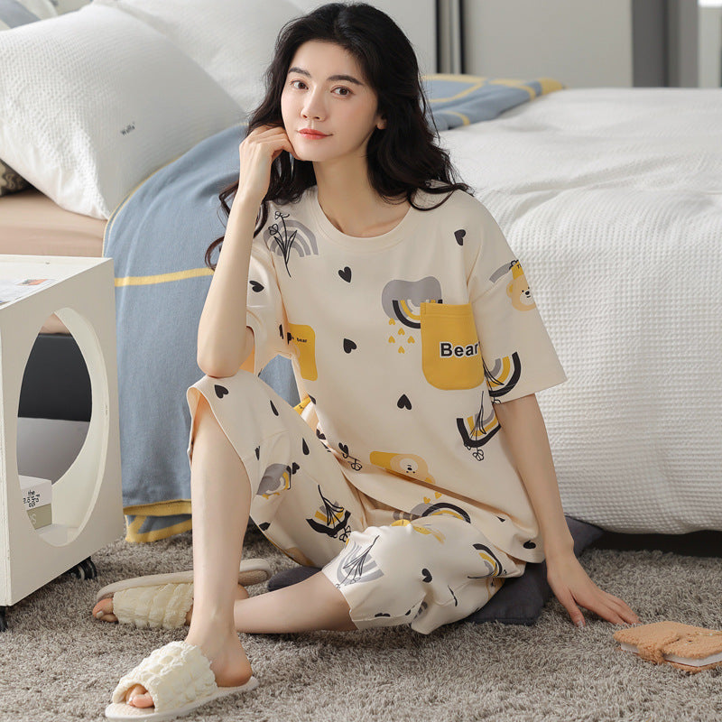 新款纯棉睡衣女夏季短袖七分裤韩版休闲夏天薄款可外穿家居服套装