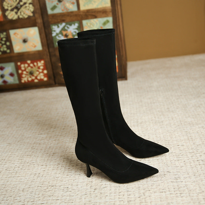 333-3 Europe and the United States new but knee elastic boots thin legs autumn and winter women's slender heel boots suede high boots women