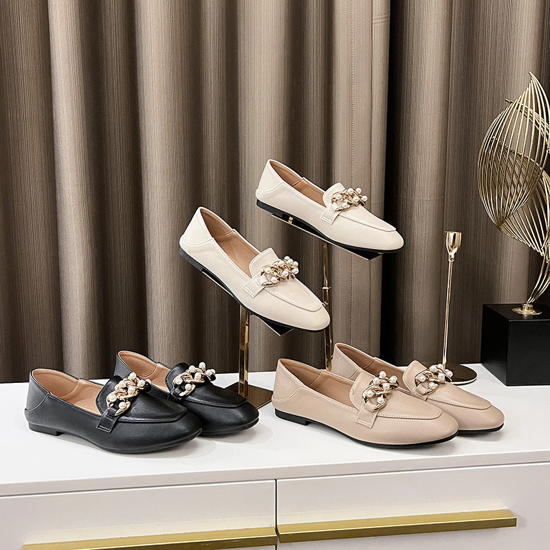 Single shoes women's flat bottom 2023 new spring peas shoes British style retro small leather shoes slip-on loafers for women
