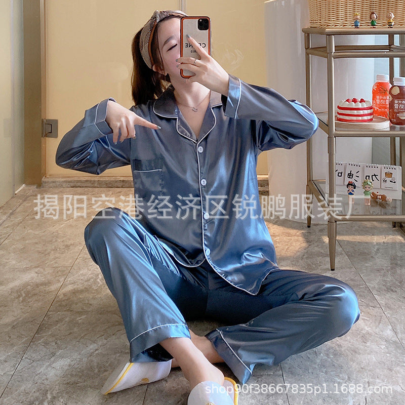 Cross-border spot wholesale spring and autumn thin pajamas women's loose large size home service imitation silk long-sleeved trousers lapel style