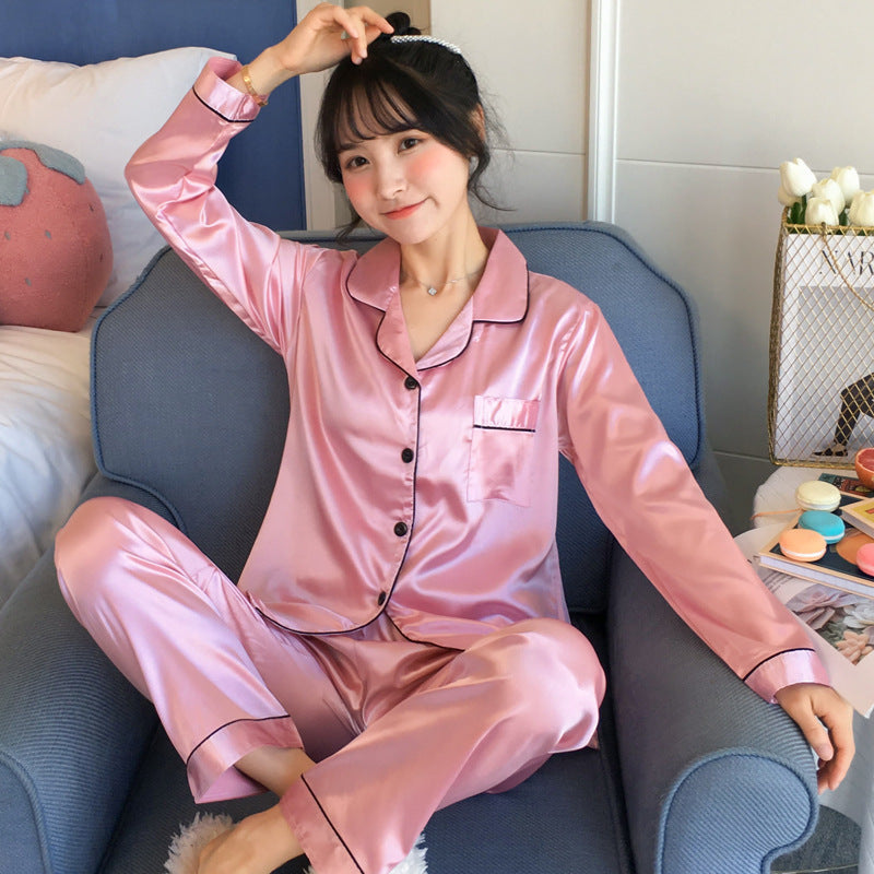 Cross-border spot wholesale spring and autumn thin pajamas women's loose large size home service imitation silk long-sleeved trousers lapel style
