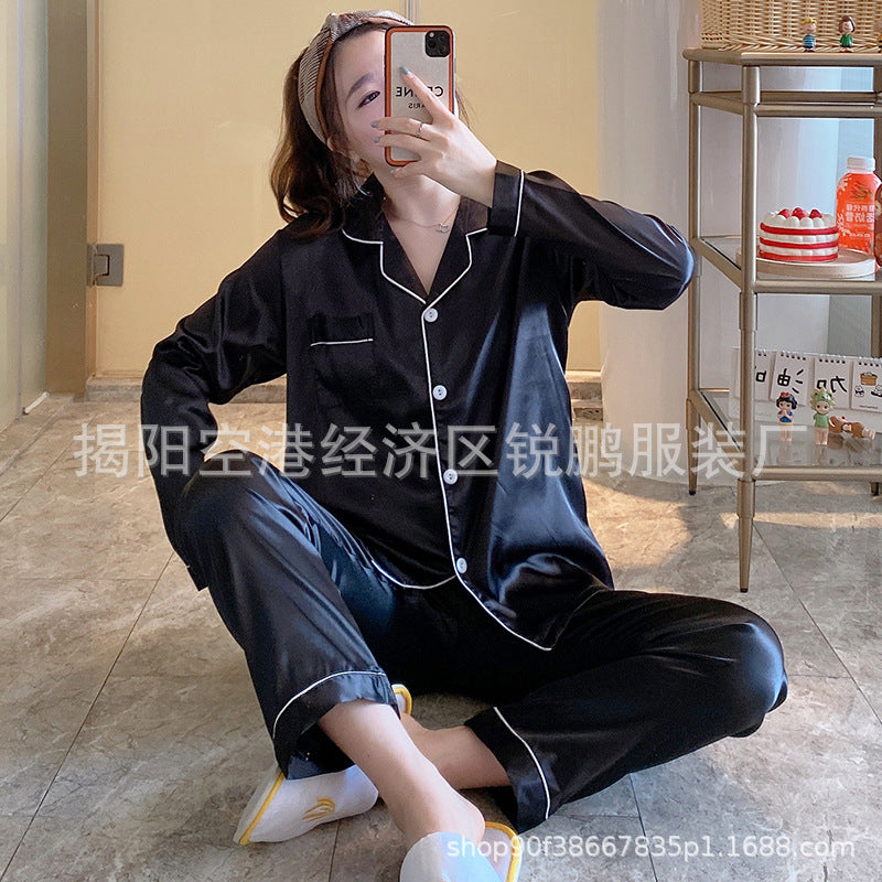 Cross-border spot wholesale spring and autumn thin pajamas women's loose large size home service imitation silk long-sleeved trousers lapel style