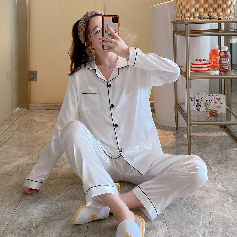 Cross-border spot wholesale spring and autumn thin pajamas women's loose large size home service imitation silk long-sleeved trousers lapel style