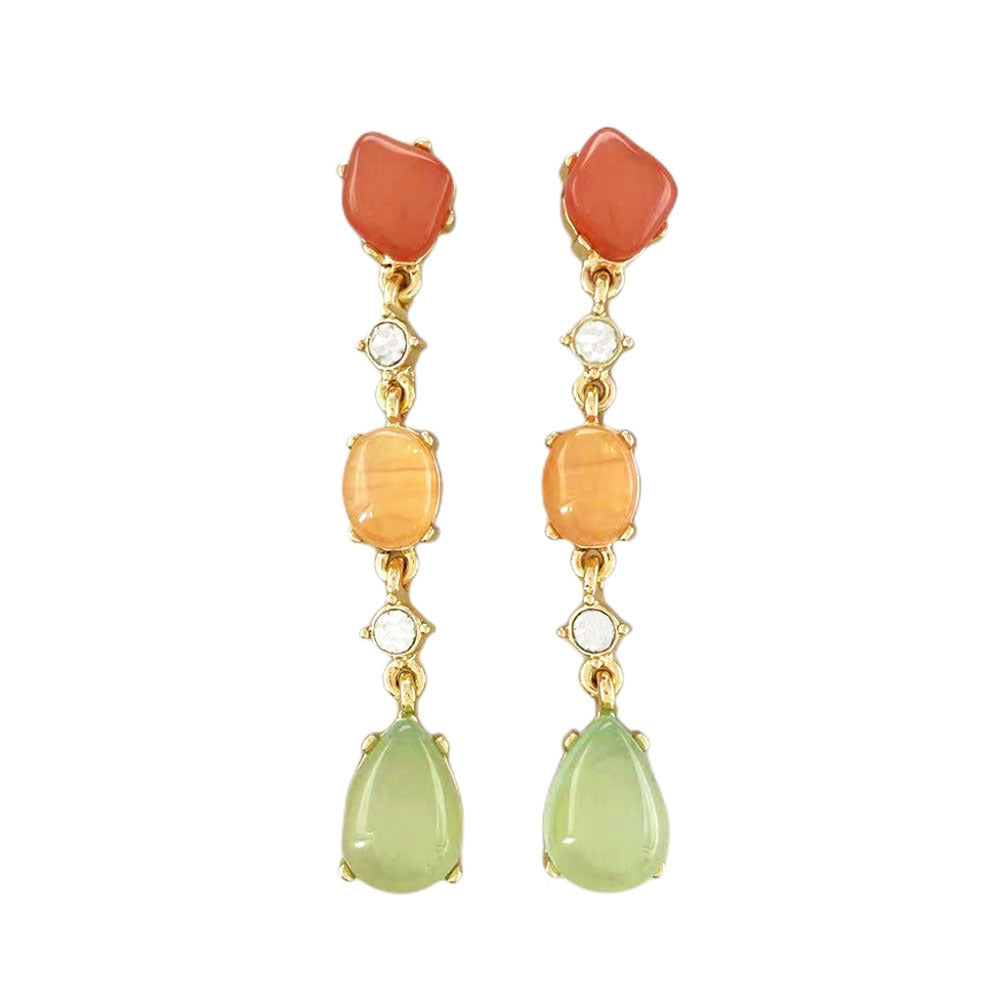Literary retro fashion simple special-shaped long earrings personality color beaded crystal inlaid stud earrings thin face earrings