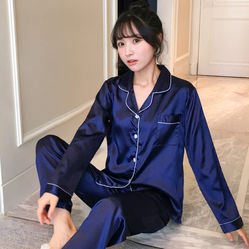 Cross-border spot wholesale spring and autumn thin pajamas women's loose large size home service imitation silk long-sleeved trousers lapel style