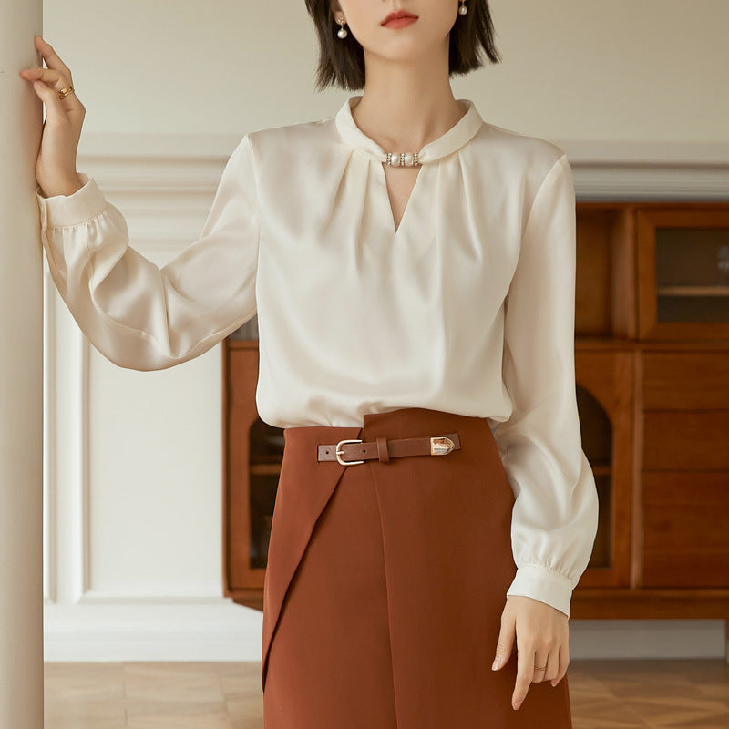 Baizi temperament elegant chiffon shirt 2022 autumn new small shirt V-neck beaded pleated long-sleeved French top women