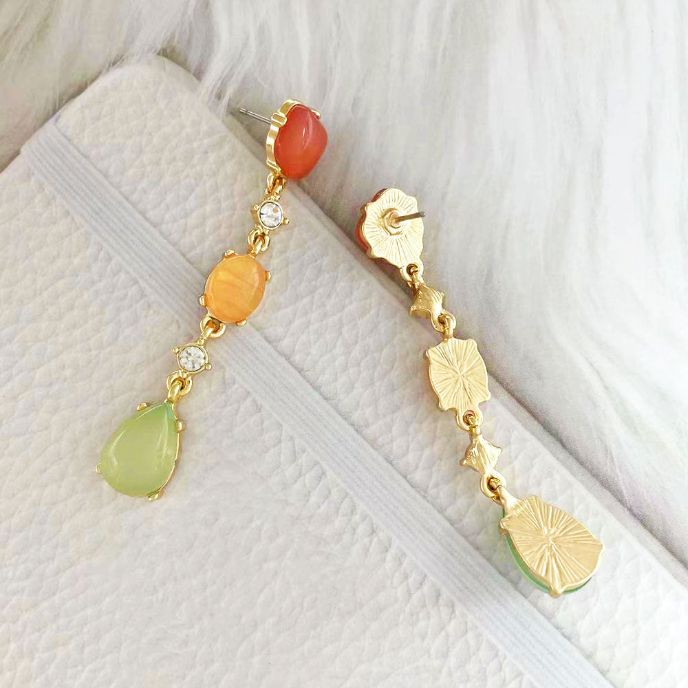 Literary retro fashion simple special-shaped long earrings personality color beaded crystal inlaid stud earrings thin face earrings