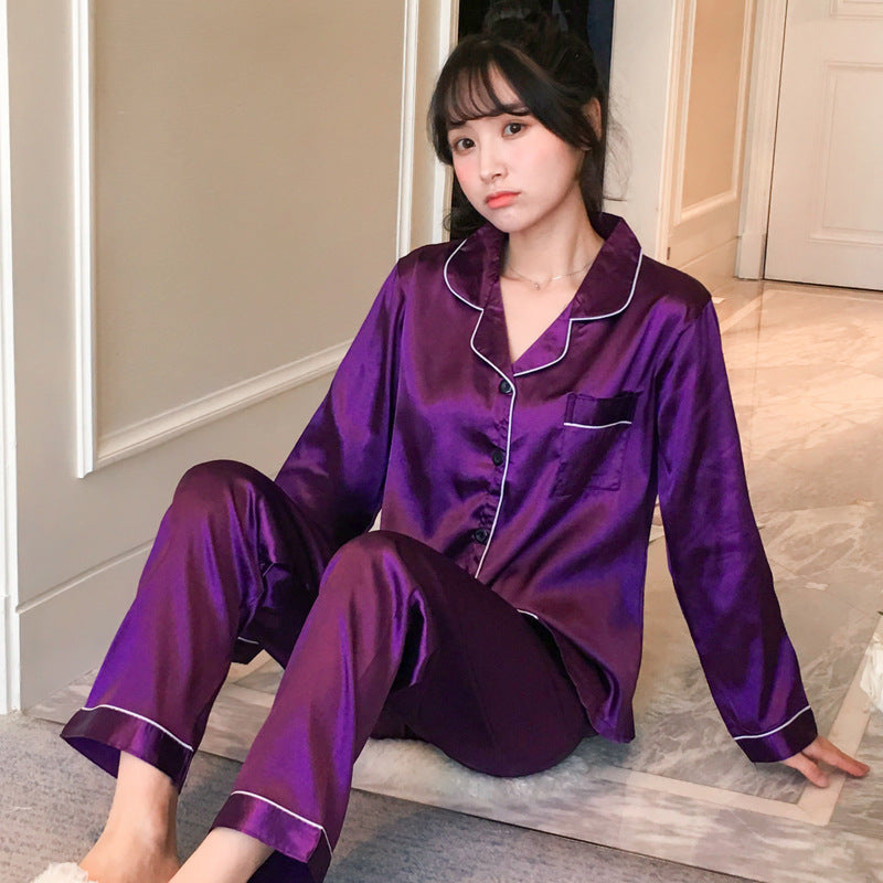 Cross-border spot wholesale spring and autumn thin pajamas women's loose large size home service imitation silk long-sleeved trousers lapel style