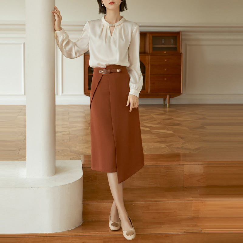 Baizi temperament elegant chiffon shirt 2022 autumn new small shirt V-neck beaded pleated long-sleeved French top women