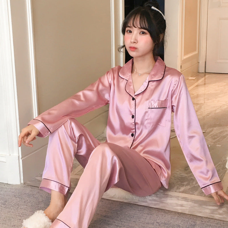 Cross-border spot wholesale spring and autumn thin pajamas women's loose large size home service imitation silk long-sleeved trousers lapel style