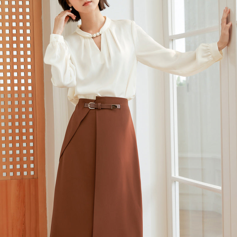 Baizi temperament elegant chiffon shirt 2022 autumn new small shirt V-neck beaded pleated long-sleeved French top women