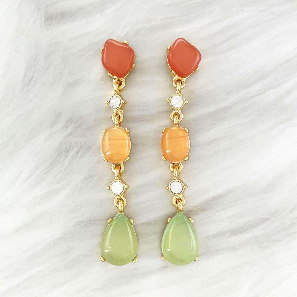 Literary retro fashion simple special-shaped long earrings personality color beaded crystal inlaid stud earrings thin face earrings