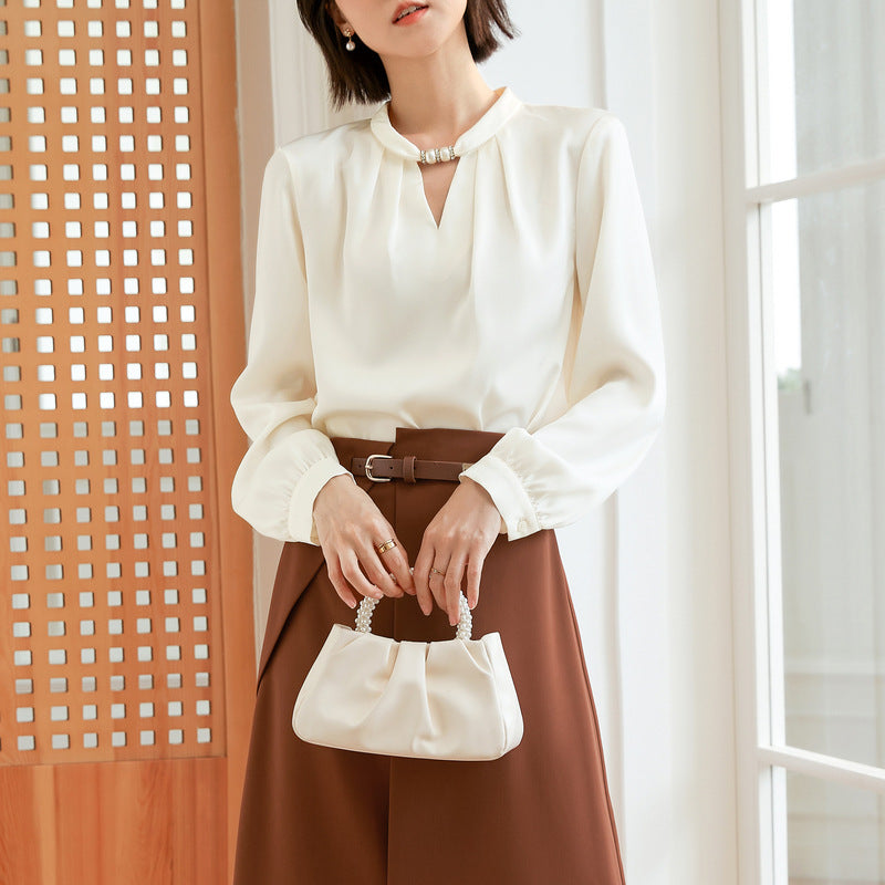 Baizi temperament elegant chiffon shirt 2022 autumn new small shirt V-neck beaded pleated long-sleeved French top women