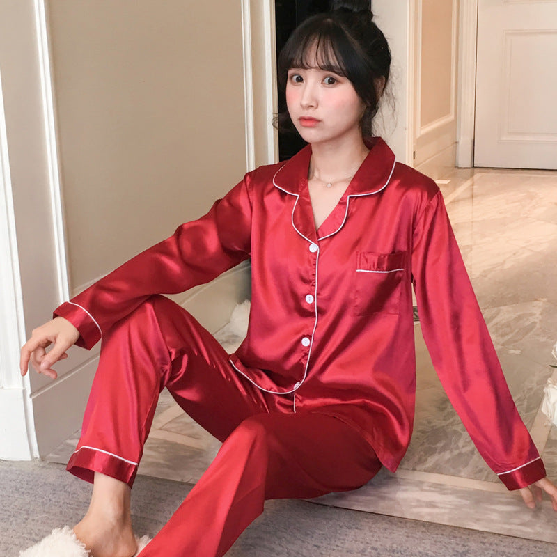 Cross-border spot wholesale spring and autumn thin pajamas women's loose large size home service imitation silk long-sleeved trousers lapel style