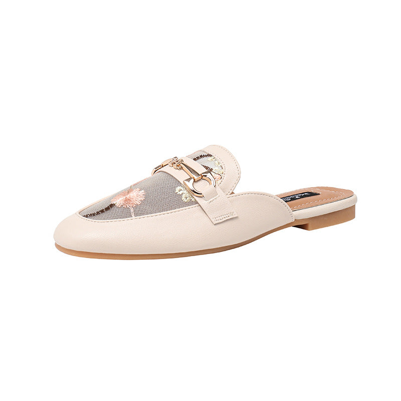Soft leather British style Lok Fu half slippers women's summer outer wear 2023 new breathable Baotou mesh gauze without heel sandals