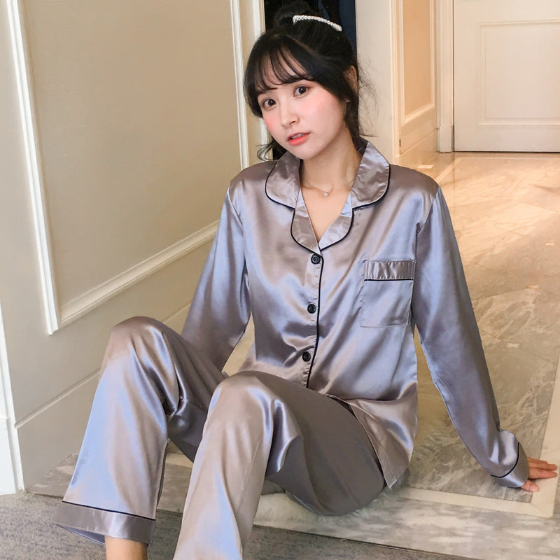 Cross-border spot wholesale spring and autumn thin pajamas women's loose large size home service imitation silk long-sleeved trousers lapel style