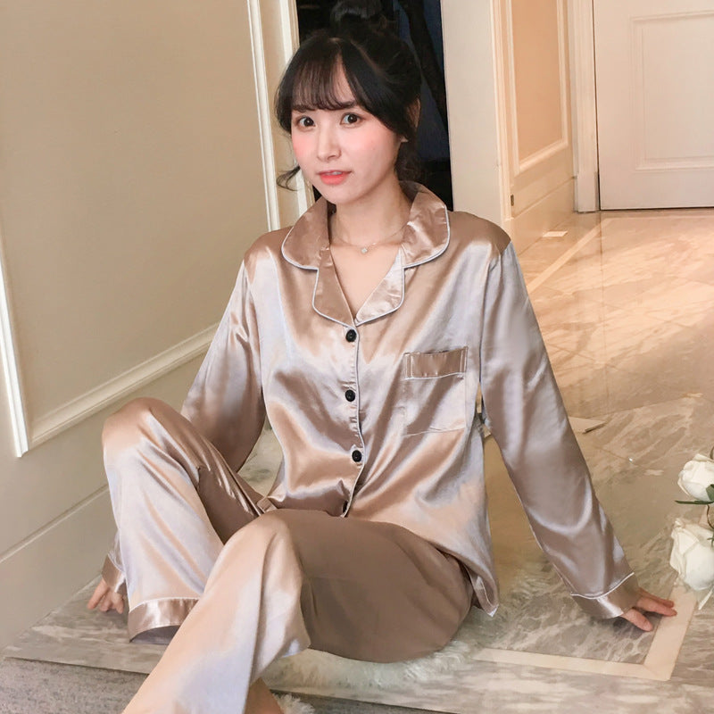 Cross-border spot wholesale spring and autumn thin pajamas women's loose large size home service imitation silk long-sleeved trousers lapel style