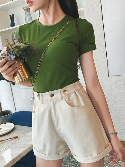 T021 avocado t-shirt women's high waist short-sleeved 2022 new Korean version tight body and mind machine niche matcha green top 
