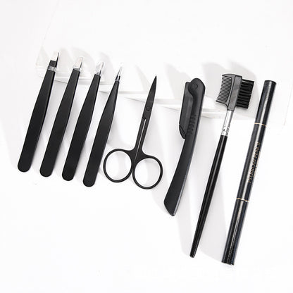 Manufacturer supplies black multifunctional eyebrow trimming makeup tool eyebrow clipper eyebrow knife eyebrow brush set box eyebrow trimming 8-piece set 