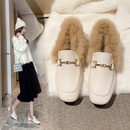 Doudou shoes women's autumn velvet mid-heel small leather shoes women's slip-on fur shoes women's winter outerwear thick-heeled Muller shoes 