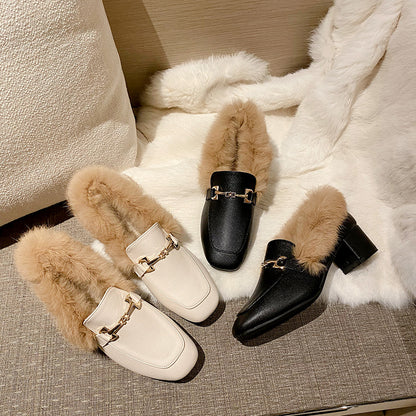 Doudou shoes women's autumn velvet mid-heel small leather shoes women's slip-on fur shoes women's winter outerwear thick-heeled Muller shoes 