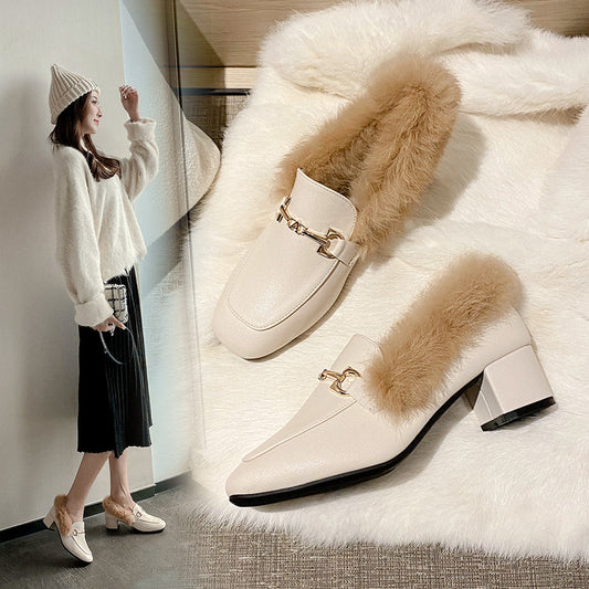 Doudou shoes women's autumn velvet mid-heel small leather shoes women's slip-on fur shoes women's winter outerwear thick-heeled Muller shoes 