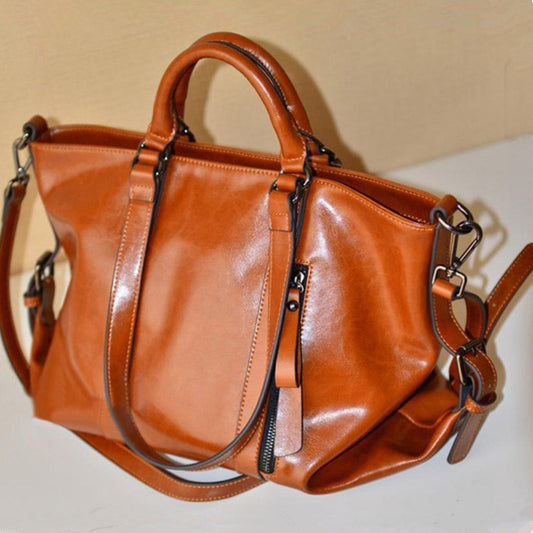 2023 New Oil Waxed Leather Women's Bag European and American Large Bag Trendy Fashion Bag Portable One Shoulder Crossbody One Piece Dropshipping 