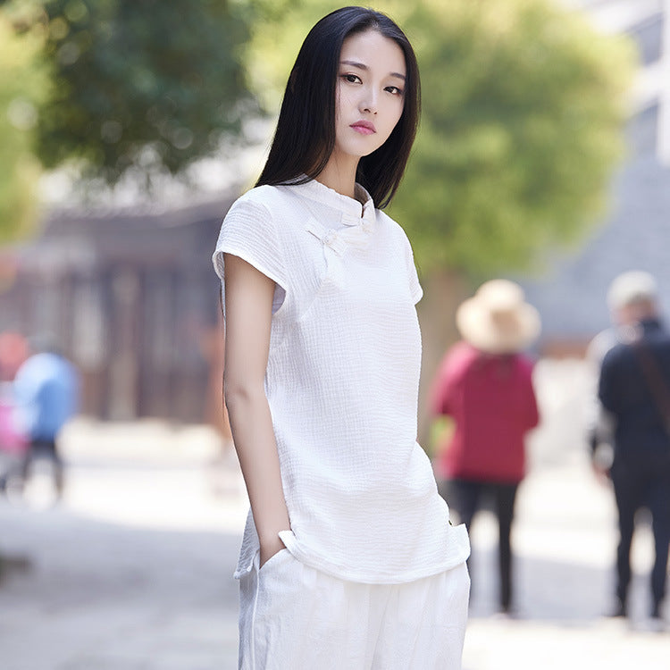 23 spring and summer cotton and linen women's new products Nianbaixiu spinning Zen retro buckle slim tea dress half-sleeved buckle T-shirt 
