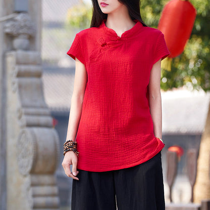 23 spring and summer cotton and linen women's new products Nianbaixiu spinning Zen retro buckle slim tea dress half-sleeved buckle T-shirt 
