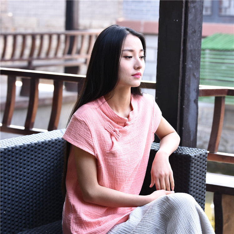 23 spring and summer cotton and linen women's new products Nianbaixiu spinning Zen retro buckle slim tea dress half-sleeved buckle T-shirt 