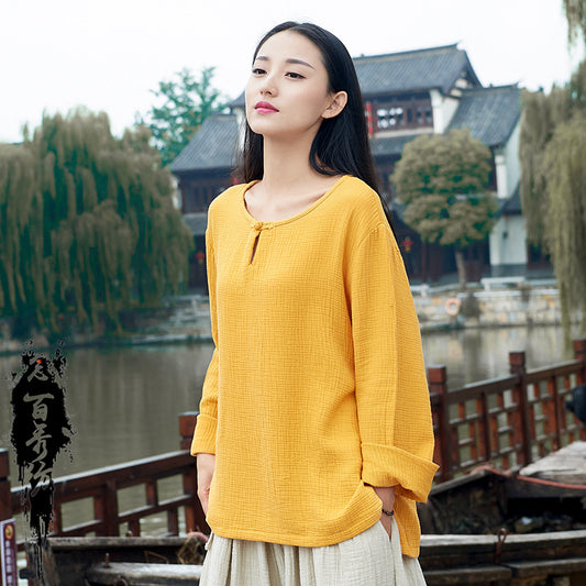 23 spring and summer cotton and linen women's new Nianbaixiu spinning Zen retro national tide button women's long-sleeved round neck T-shirt 