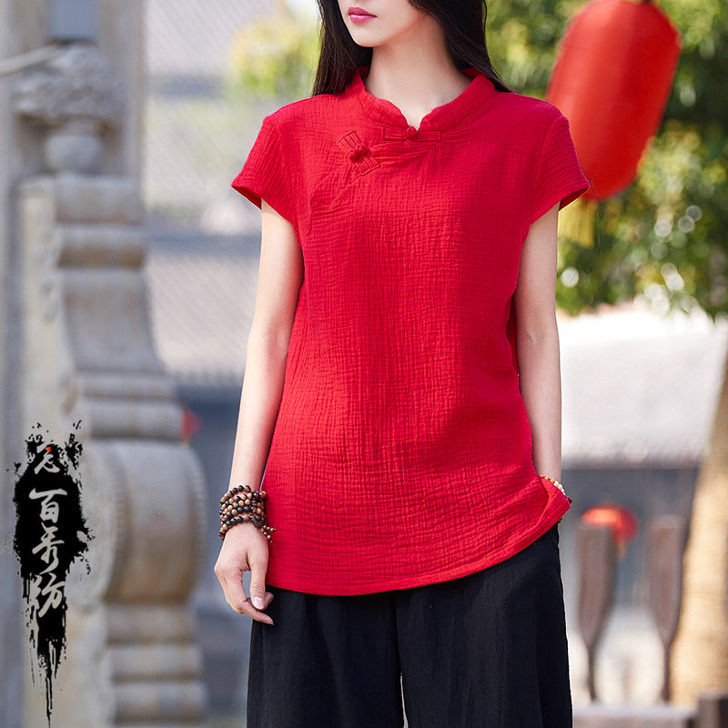 23 spring and summer cotton and linen women's new products Nianbaixiu spinning Zen retro buckle slim tea dress half-sleeved buckle T-shirt 