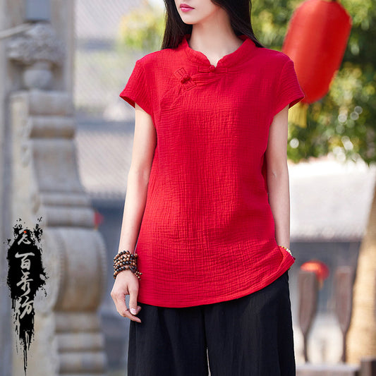 23 spring and summer cotton and linen women's new products Nianbaixiu spinning Zen retro buckle slim tea dress half-sleeved buckle T-shirt 